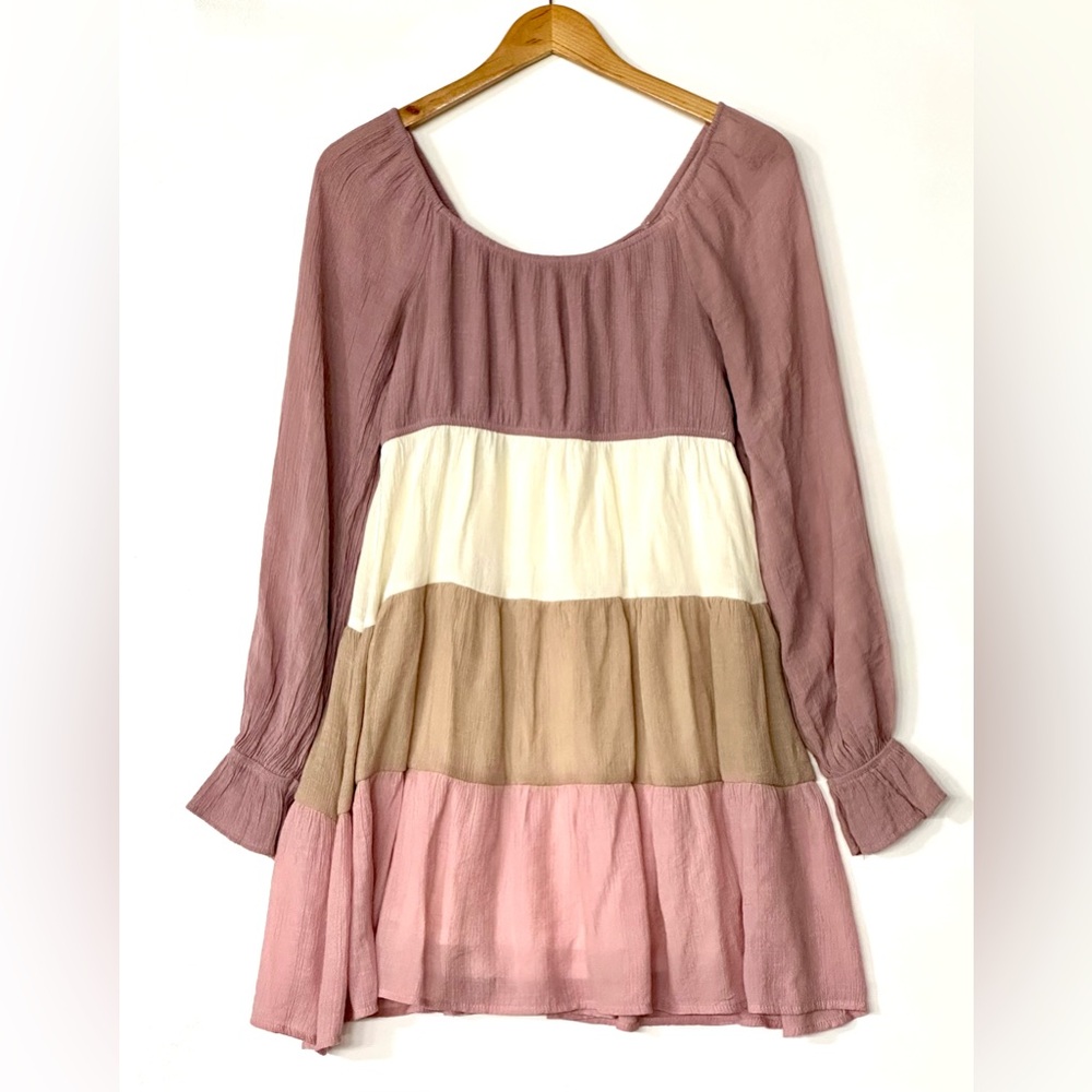Blu Pepper Tiered Midi Dress Long Peasant Sleeves Colorblock Large Boho Lilac‎